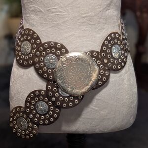 Western Concho Leather Waist Belt - Brown with Silver Accents